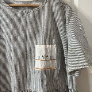 Blue and White Striped Midi Dress with Embroidered Pocket